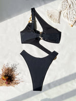 Sexy Metal Buckle Black One Piece Swimwear Women One Shoulder Hollow Out Backless Thong Bikini 2026 Summer Bathing Suit Swimsuit