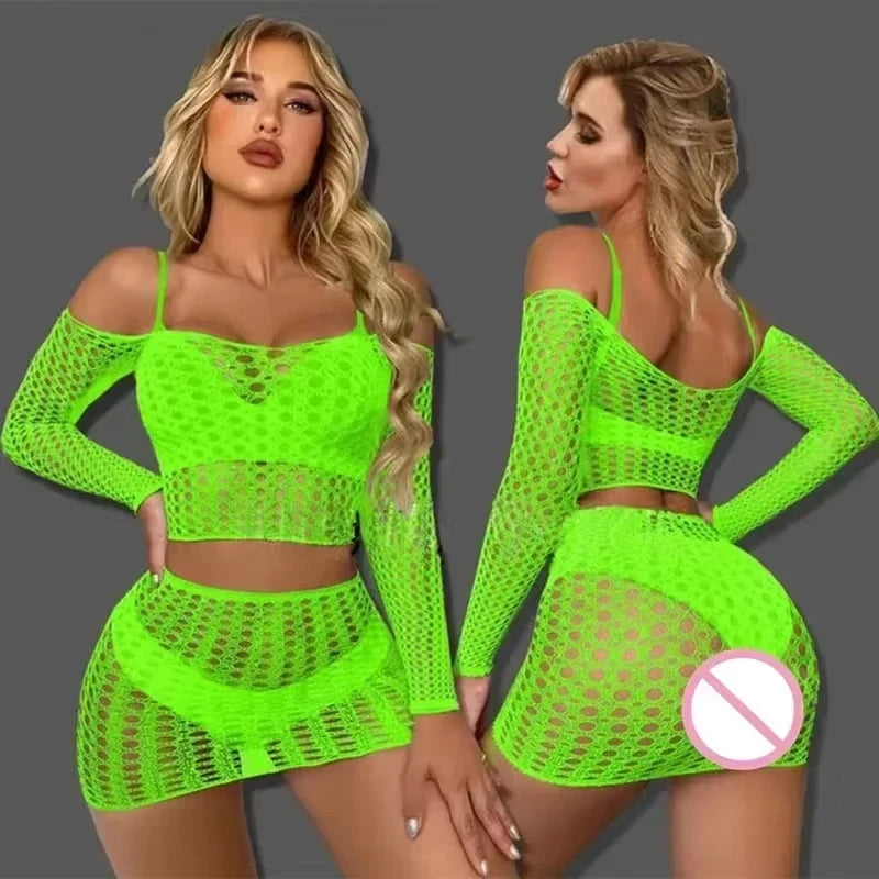 Mature and plus-size women's clothing, fishnet dress, sheer design, suitable for nightclub wear, and a sexy lingerie set.