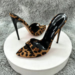 Women's Leopard Print Suede Pointed Toe Stiletto Mules - Slip-On High Heel Sandals for Party, Summer & Streetwear
