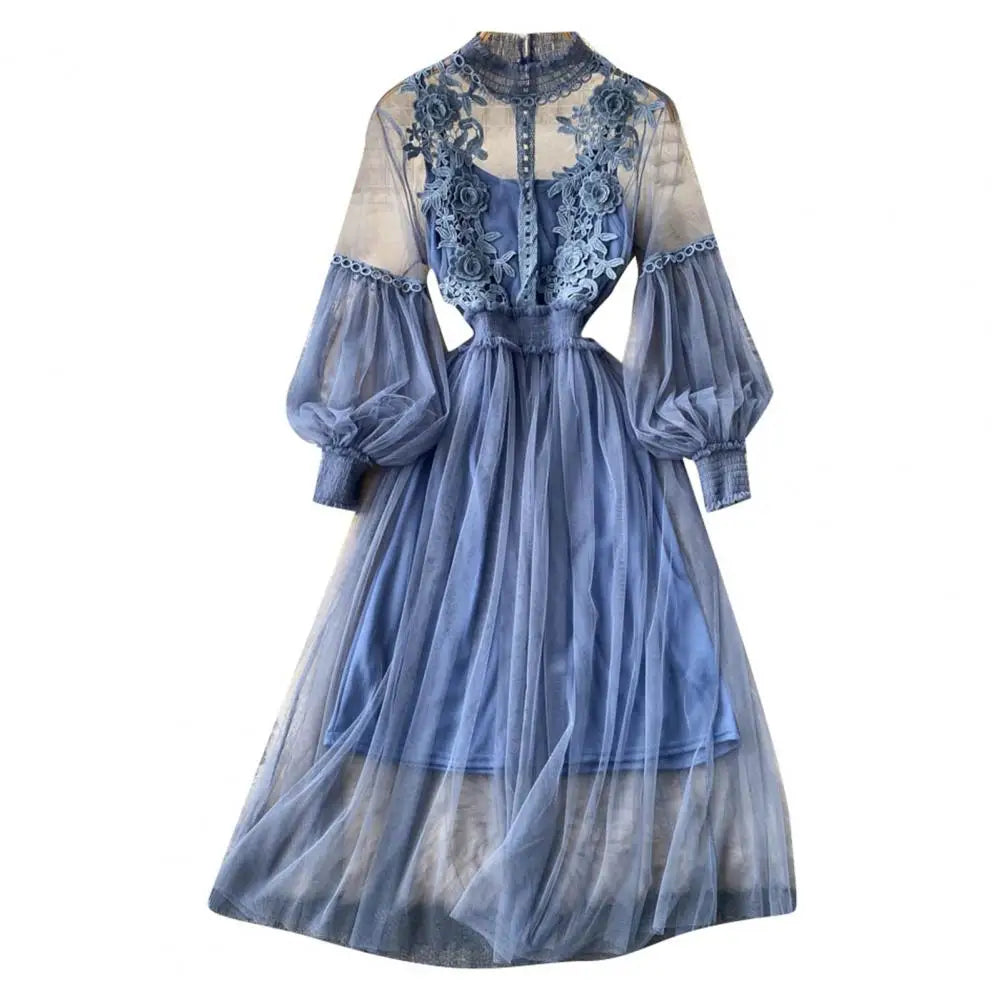 2 Pcs/Set Women Dress Suit Floral Embroidery See-through Lace Lantern Sleeves Pleated A-line Elastic Waist Dress Slip Dress Suit