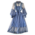 2 Pcs/Set Women Dress Suit Floral Embroidery See-through Lace Lantern Sleeves Pleated A-line Elastic Waist Dress Slip Dress Suit