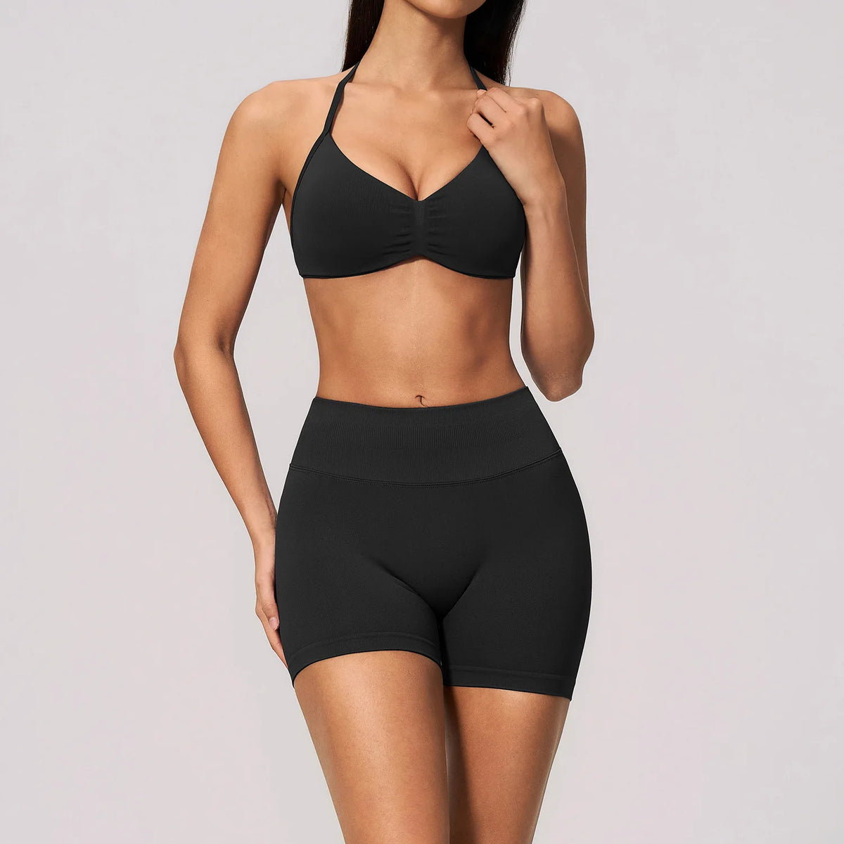 Seamless Yoga Suit Women Exposed Back Pleate Sports Bra High Waist Shorts Fitness Sets Outdoor Running Athletic Wear Tracksuit