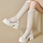 Sexy Mesh Hollow Boots Woman Summer 2025 Solid Size Zipper Mid-Calf Boots for Women Fashion Round Toe Platform Shoes Lady