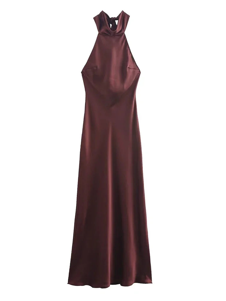 Foridol Halter Satin Dress Women Sexy Backless Burgundy summer spring Dress Elegant Maxi Long Party Dress Christmas Vestidos