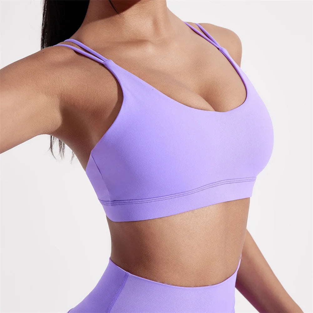Solid Color High Strength Shockproof Women Fitness Sport Bra Top Soft Tight Cross-Training Jogging Yoga Underwear With Chest Pad