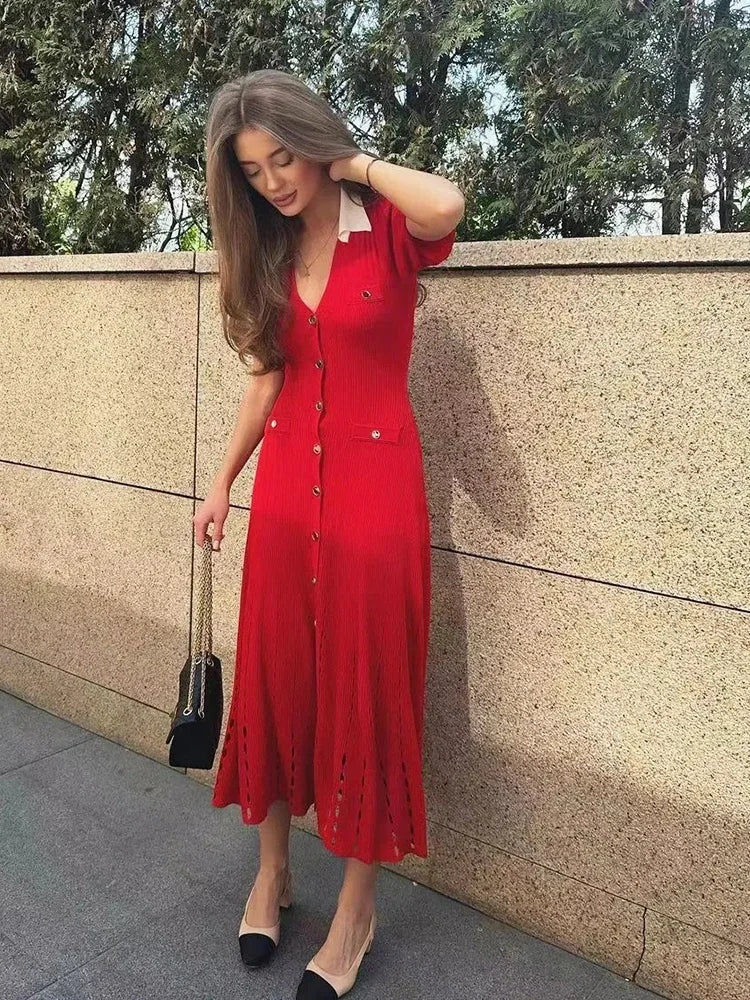 Foridol Red Knitted Polo Dress Autumn Winter Women Dress Casual Elegant Maxi A-line Hollow OutDress Slim Christmas Party