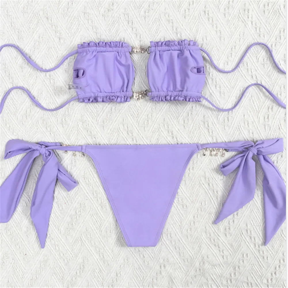 Sexy Rhinestone Chain Micro Thong Bikini Women Swimwear Ruffled Bandeau Swimsuit Knotted Bathing Swimming Suit Bikinis Sets 2026