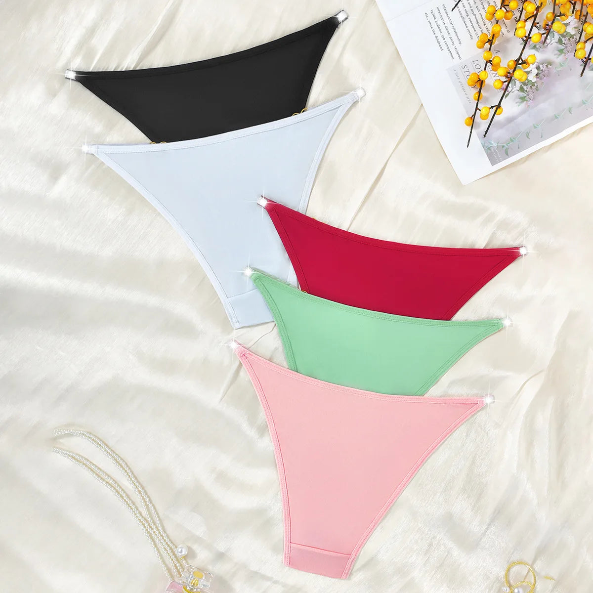 5pcs Women's New Trendy Triangle Panty Multi-Color Set Satin Silky Fabric Silver Ribbon Metal Decoration Breathable Underwear