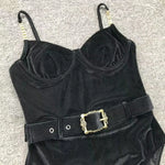 2024 New Sexy Velvet One-Piece Black Bikini Belt Swimsuit Women Solid Push Up Swimwear Female Brazilian Beach Bathing Suit