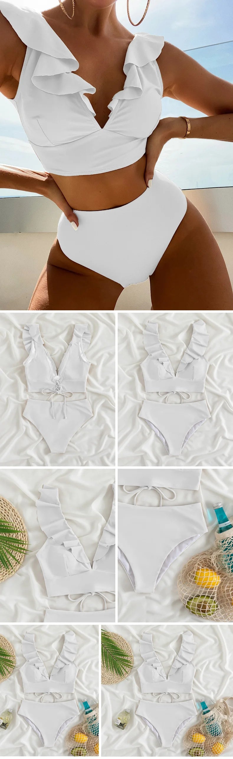 Solid Color Sexy V-neck Ruffle Bikini 2026 Women 2 Piece Swimwear Push Up Padded High Waist Swimsuit Summer Beach Bathing Suit