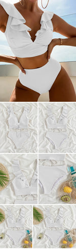 Solid Color Sexy V-neck Ruffle Bikini 2026 Women 2 Piece Swimwear Push Up Padded High Waist Swimsuit Summer Beach Bathing Suit