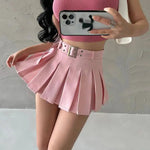 WOMENGAGA Summer Skorts High-quality Sexy A-LINE Safety Skirts Pleated Skirt Half Length Short Skirt Belt Fashion Women E4H4