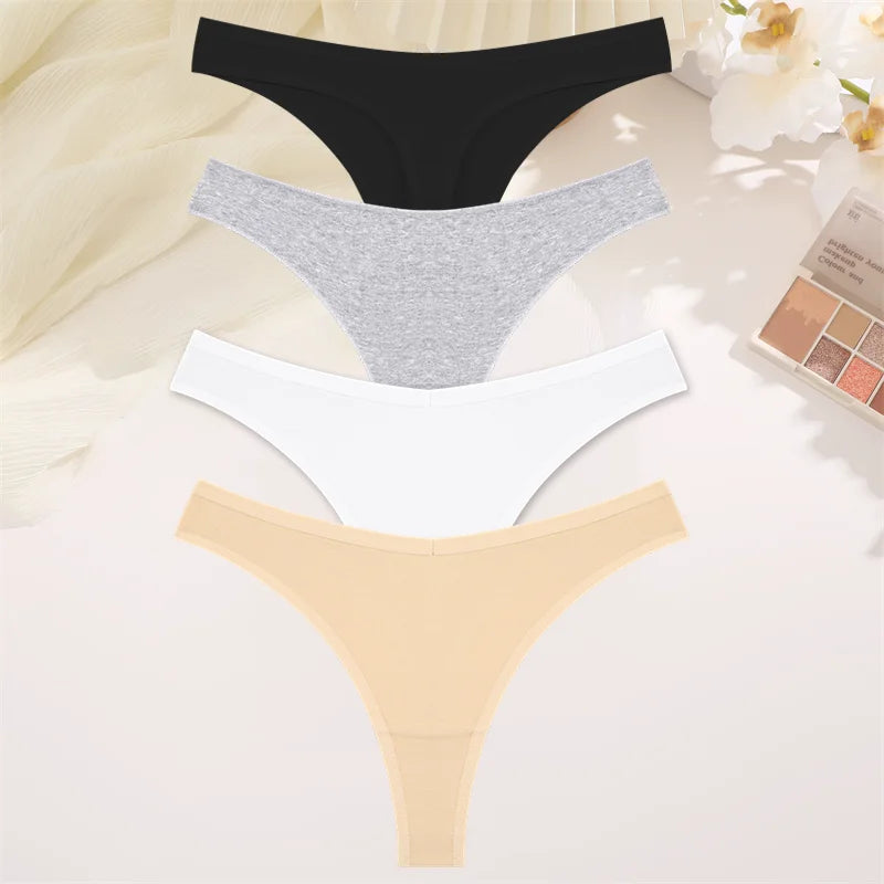 4PCS Women Seamless Thong Cotton Thin Strap Low Waist High Flexibility Panties Sexy Underwear Ladies Briefs T-back Soft Women