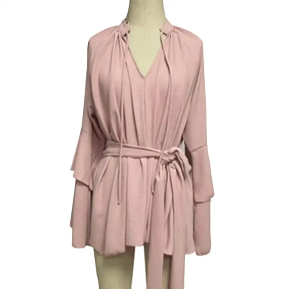 Mini Dress with Belt Summer Ruffle Long Sleeve Dress for Women Casual V Neck A-line Swing Dresses Irregular Vacation Dress
