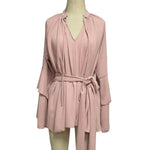 Mini Dress with Belt Summer Ruffle Long Sleeve Dress for Women Casual V Neck A-line Swing Dresses Irregular Vacation Dress