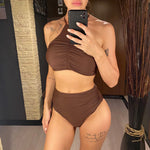 Halter Wrinkled High Neck Female Swimsuit High Waist Bikini Women Swimwear Two-pieces Bikini Set Bather Bathing Suit Swim V5616