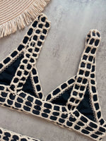 Sexy Black Patchwork Hand Crochet Bikini Set Women 2026 V Neck Push Up Bra Thong Swimsuit Beach Bathing Suit Knitted Swimwear