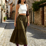 Women's Summer Hollow-Out Hem Elastic Waist Skirts Fashion Casual A-line Skirts Solid Color Long Skirts