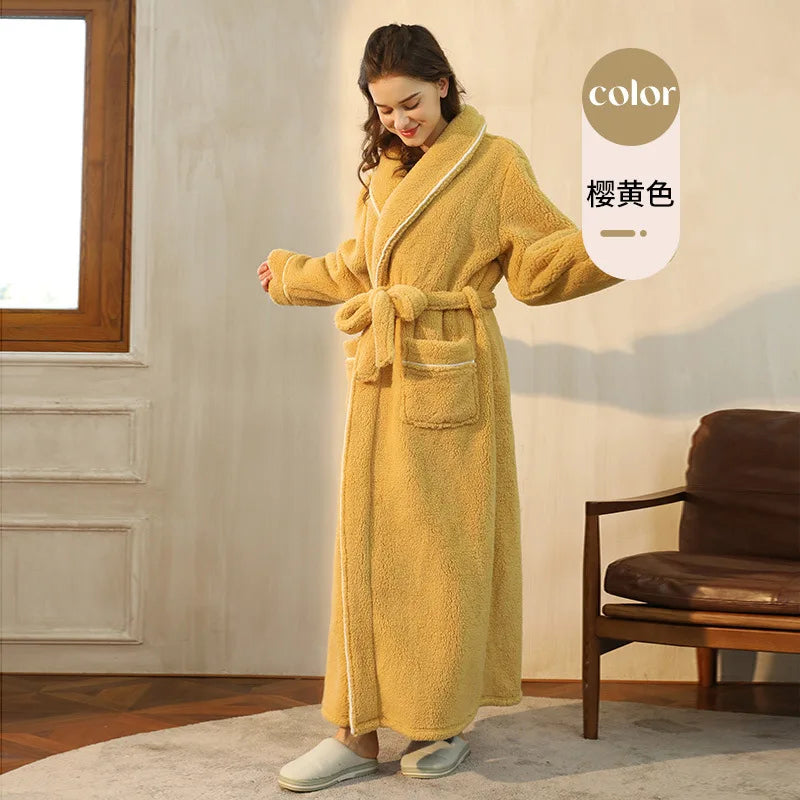 Thick Cozy Fleece Couple Bathrobe, Men Women Long Warm Loungewear, Autumn Winter Flannel Plus Size Robe Pajamas