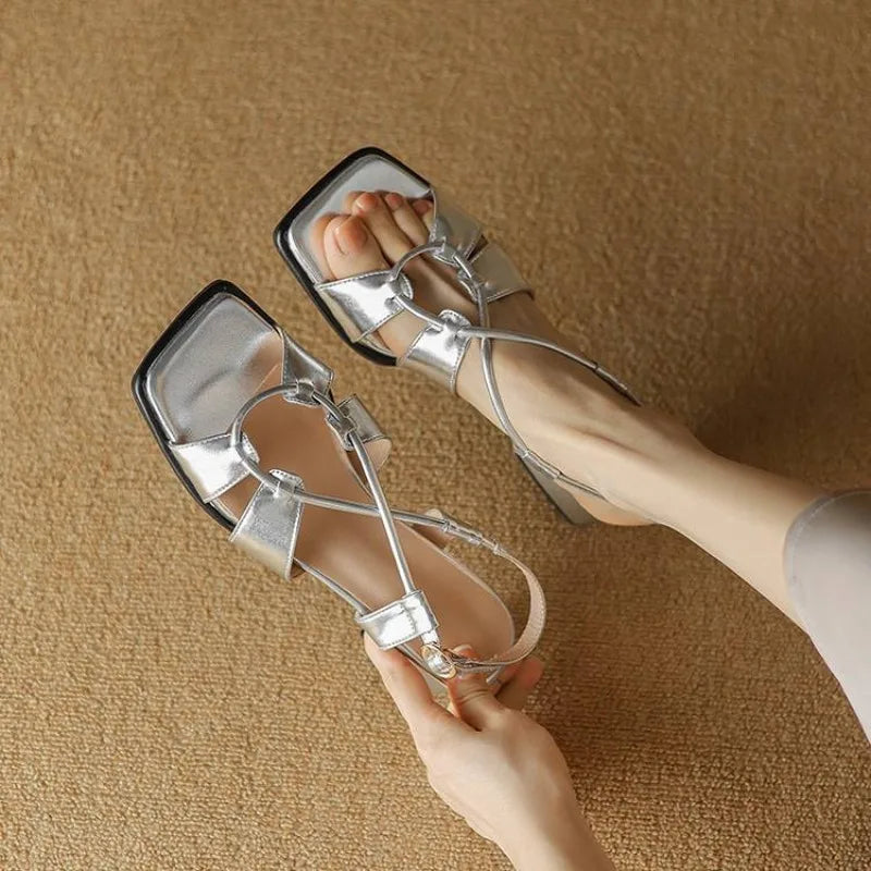 2026Summer New Model Fashion Middle Heeled Women's Sandals Black Buckle Open-toe Comfortable Hollow-out Women's Shoes High 3.5cm