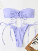 Sexy Bandeau Bikini Swimwear Women Red Black Pleate Lace Up Swimsuit 2024 Cut Out Beach Bathing Suit Tie Side Thong Bikinis Sets