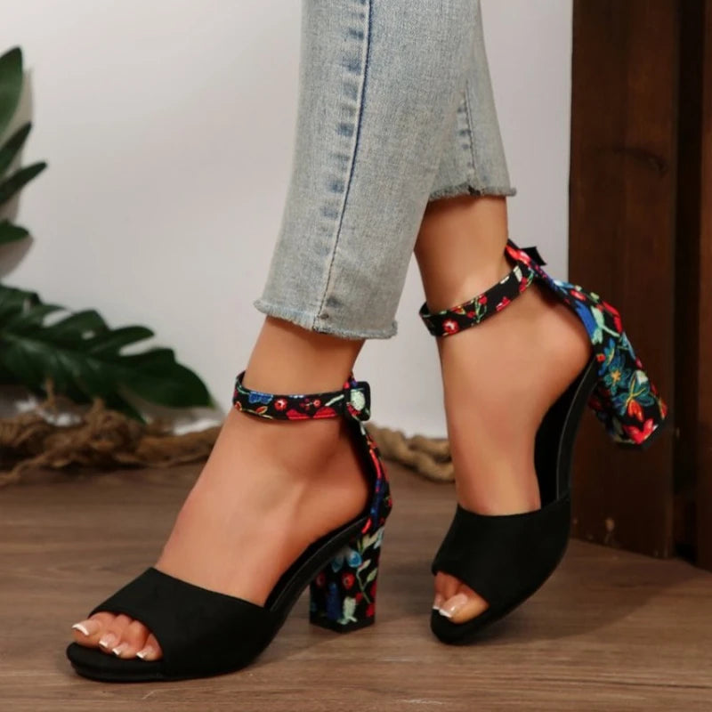 Women 2026Summer Shoes Sqaure High Sandals Vintage Flower Print Open Toe High Heels Woman Casual Buckle Ankle Strap Sandalse
