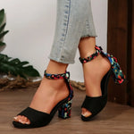 Women 2026Summer Shoes Sqaure High Sandals Vintage Flower Print Open Toe High Heels Woman Casual Buckle Ankle Strap Sandalse