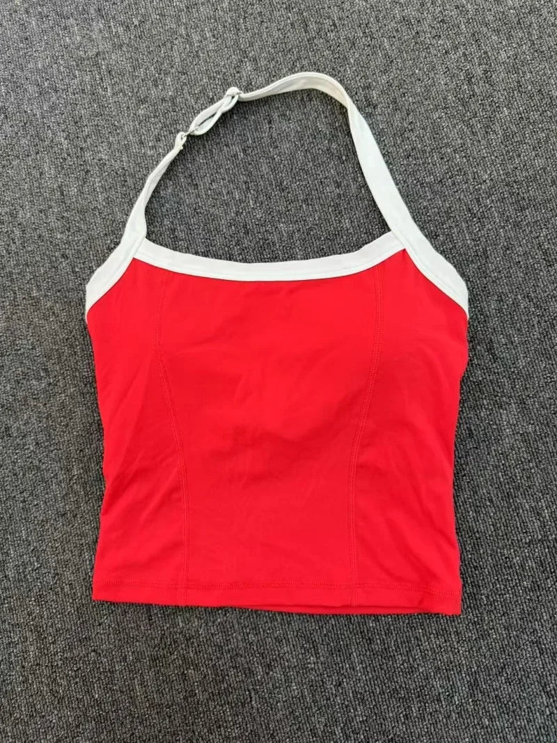 Women's Seamless Yoga Tank Top - Adjustable HALTER Neck & Quick-Dry Fitness Shirt Color Block Running Sports Gym Workout Top