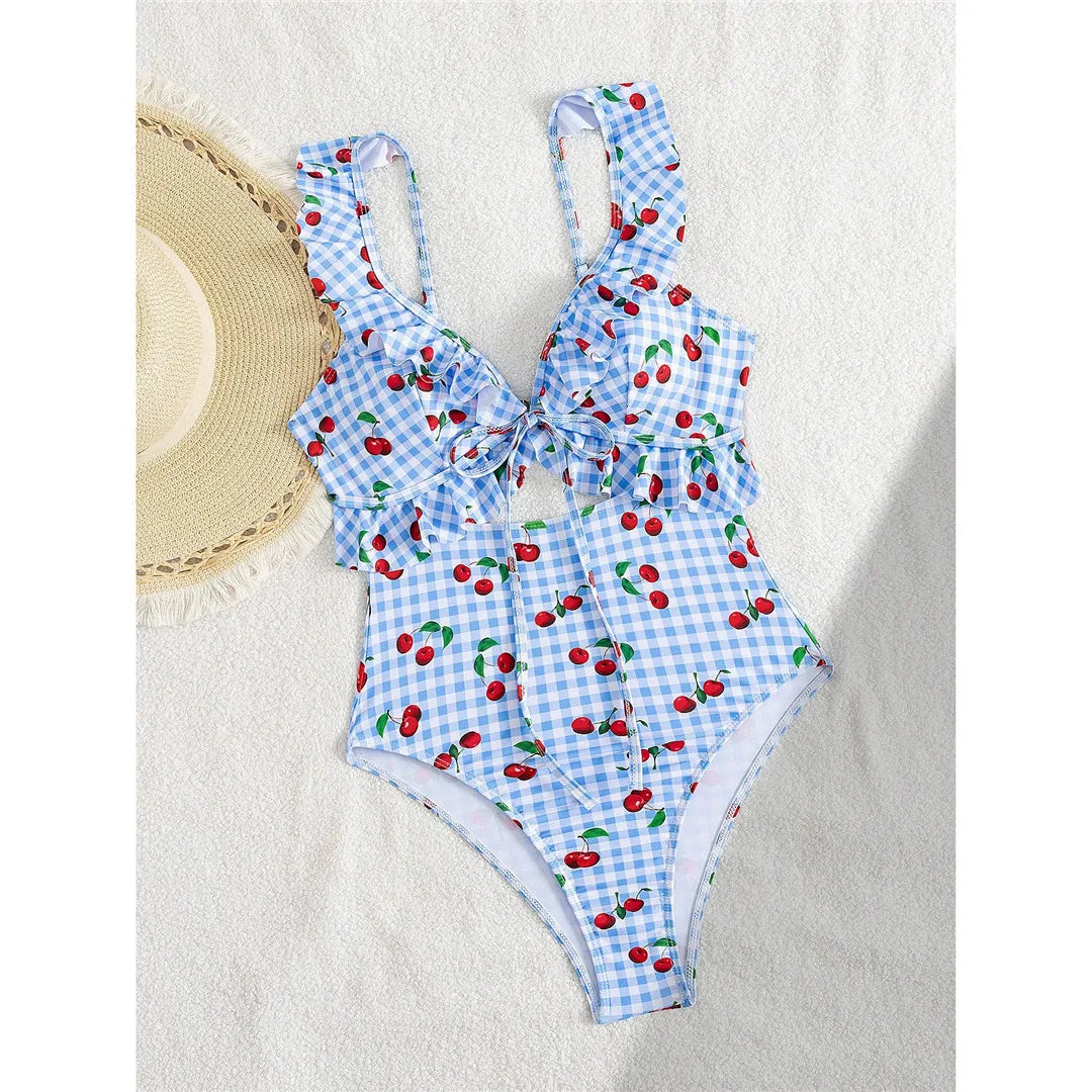 S - XL Cherry Printed Plaid Cut Out One Piece Swimsuit Women Swimwear Female Frilled High Leg Cut Bather Bathing Suit Swim V7557