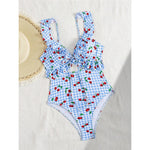 S - XL Cherry Printed Plaid Cut Out One Piece Swimsuit Women Swimwear Female Frilled High Leg Cut Bather Bathing Suit Swim V7557
