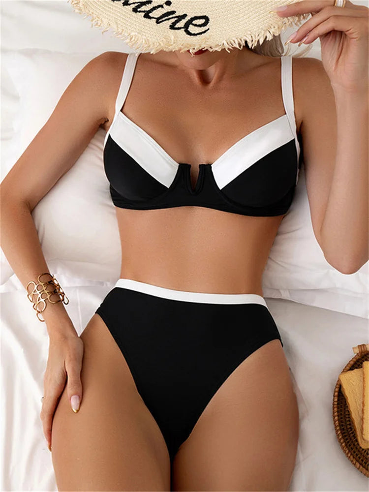 Sexy Black White Patchwork Bikini 2024 Women Halter V Underwire Push Up Micro Swimsuit Beach Bathing Suit High Waist Swimwear