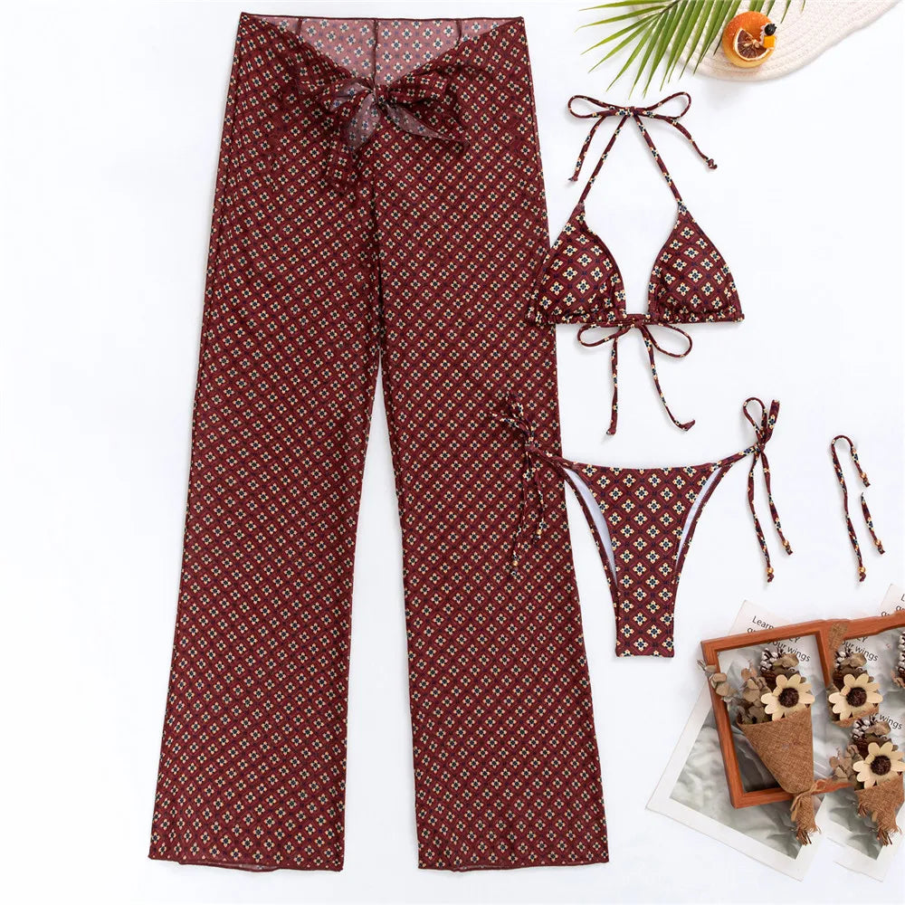 Floral Print 3 Piece Micro Thong Bikini Set Swimwear with Trousers Sexy Swimsuit Woman 2026 Bikinis Mujer Beachwear Bathing Suit