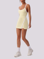 Color Contrast Tennis Dresses Women Beautiful Back Hollow Back Cross Split Skirt Pocket Sports Fitness One-piece Yoga Golf Suit