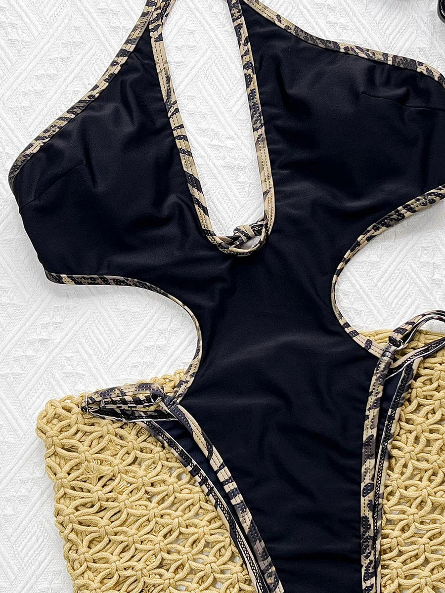 Halter Splicing Hollow Out Cross Backless Women Swimwear One Piece Swimsuit Female Monokini High Cut Bathing Suit Swim Beachwear