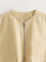 Foridol Padded Beige Waistcoat Folds Winter Sleeveless Vest Coat Turtleneck Pockets Zipper Autumn Thick Warm Parka Jacket