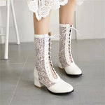 New Arrivals Big Size 43 Fashion White Lace Summer Boots Women Chic Black Square Med Heels Lace-up Mid-calf Boots Wedding Shoes