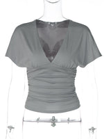 FDYOUI Women's V-neck Ruched Corset T-shirt Casual Sexy Short Sleeve Solid Crop Tops Tees 2026 Summer Female Tunics Slim T-shirt