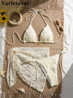 3PCS With Sarong Flower Lace Halter Bikini Women Swimwear Female Swimsuit Three-Pieces Bikini Set Bather Bathing Suit Swim V8277
