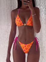 Womens Green Yellow Brazil Print Halter Tie Side Bikini Set For Beach Pool Vacation
