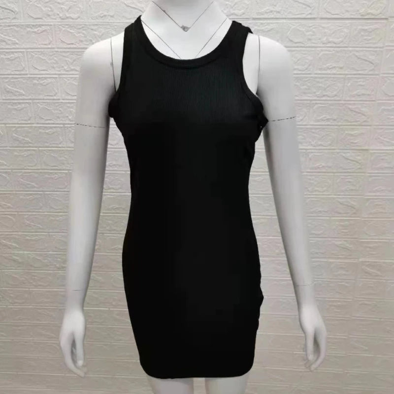 Black Ribbed Summer Dress Sexy Vest Sleeveless Vest Club Party Mini Dress WOMEN'S Solid Color Tight Fitting
