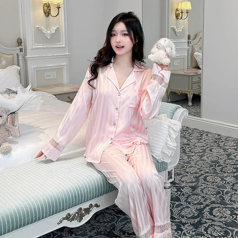 Lace splicing light luxury pajamas for women long-sleeved ice silk silk early spring comfortable home wear set