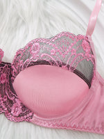 Soft breeze pink satin lace lingerie set - gathered half-cup bra thong set - sexy and comfortable lace trimmed lingerie ZA825289
