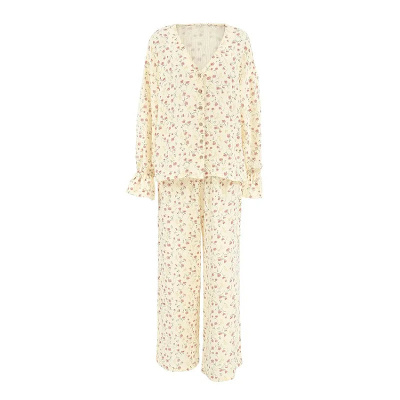 New 100% Cotton Printed Cardigan Pajama Set Women's New Autumn Long Sleeved Pants Pajamas Loose Home Clothing 2-piece Set 2026