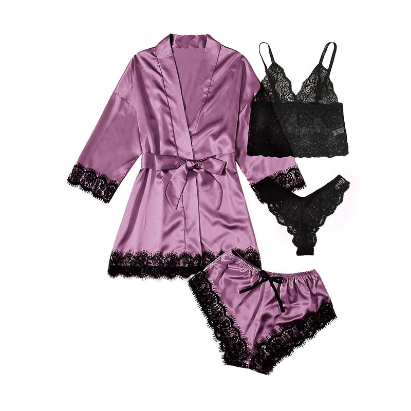 Women's Fashion Pajama Print Sexy Lace Trim Faux Silk Satin Pajama Set Gown Skin Friendly Comfort Loungewear Sexy Pajamas