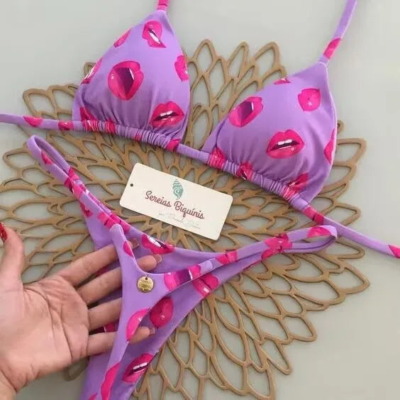 2026 Swimwear Women CuteCherry Print Brazilian Thong Bikini Set Sexy Thong Swimsuit Two Pieces Bathing Suit Women Beach Wear