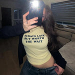 Woman Clothing Letter Print Short T-shirts Y2K Streetwear 2026 Summer O-neck Slim Fit Crop Tops Vacation Beach Tees Light Yellow