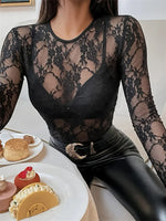 Women's Lace Floral T-shirts Long Sleeve O Neck See-through Slim Tops Spring Summer Autumn Shirts