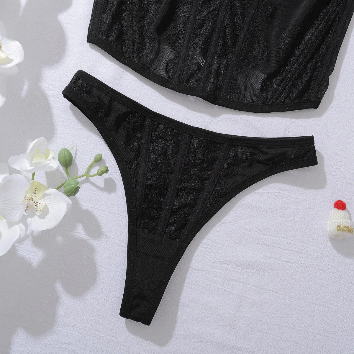 French Lace Bra Set Sexy Mesh Ultra-Thin Women's Lingerie Set Summer Sling Tops Black Shapewear Underwear Bras with Thong Sets