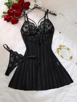 Black Daisy Floral Lace Sheer Mesh Babydoll Lingerie Set Slip Nightdress With Matching Thong Women Sexy Sleepwear ZA825096