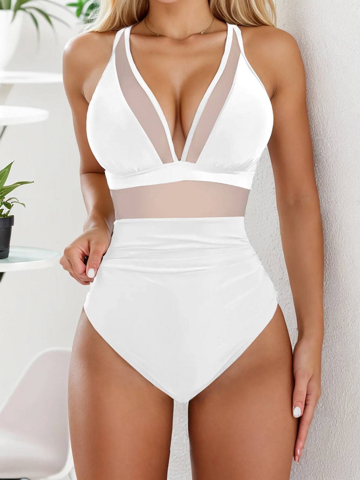 Sexy Black One Piece Swimsuit 2026 Women Mesh Patchwork Transparent Tummy Control Swimwear Bathing Suit See Through Monokini